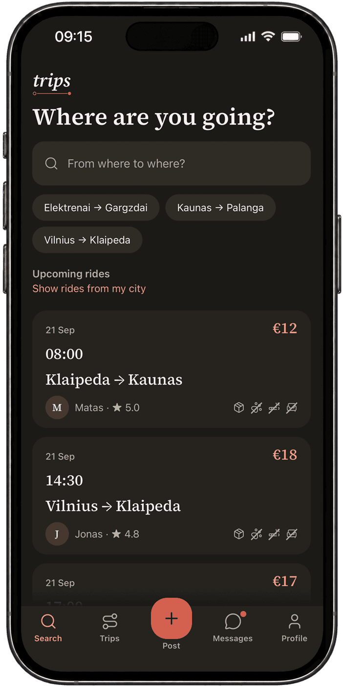 Trips paieškos ekranas: klausimas „Kur važiuoji?“ ir artimiausios kelionės