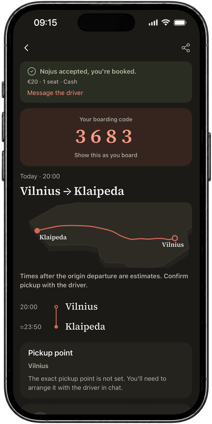 Kelionės Vilnius-Klaipėda ekranas: maršruto žemėlapis, tarpinės stotelės ir kaina