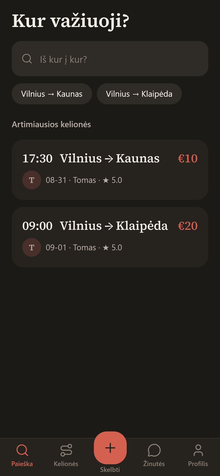 Trips paieškos ekranas: klausimas „Kur važiuoji?“ ir artimiausios kelionės