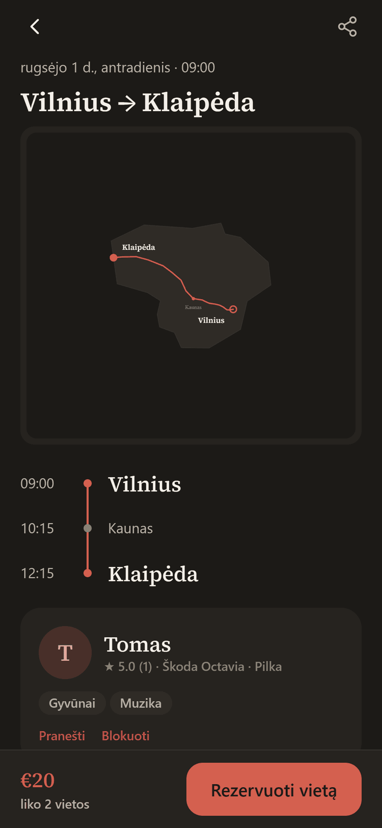 Kelionės Vilnius-Klaipėda ekranas: maršruto žemėlapis, tarpinės stotelės ir kaina